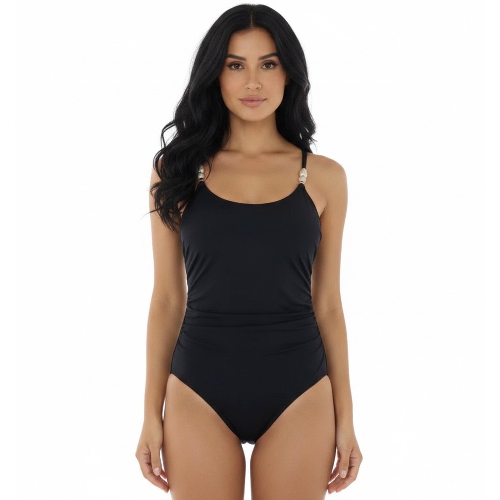 NEW XL Betsey Johnson Black Ruched One Piece Swimsuit Beaded Straps